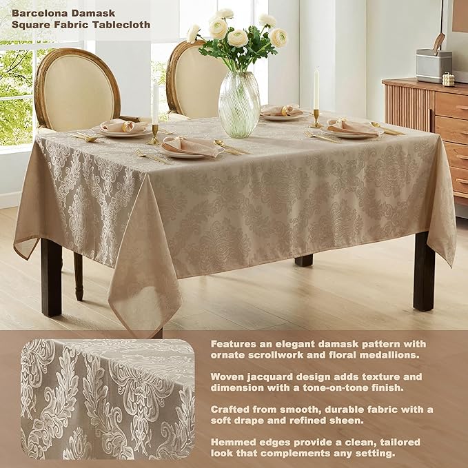 Newbridge Barcelona Luxury Damask Fabric Tablecloth, 70” x 70”, Square, Golden Beige, 100% Polyester, No Iron, Soil Resistant Dining Room, Party and Banquet Table Cover