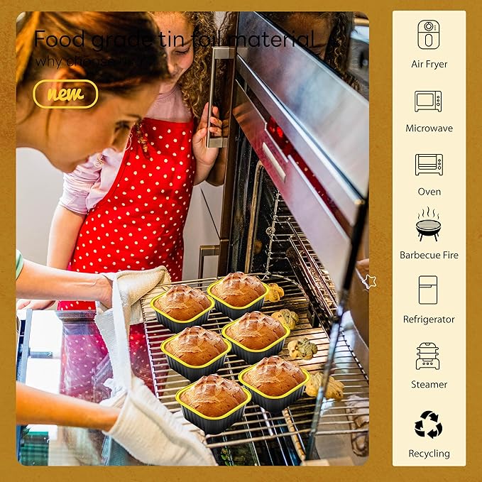 50 Pcs Mini Square Baking Cups with Lids and Spoons Aluminum Foil Mini Cake Pans with Lids Disposable Ramekins Cake Pans Dessert Cups for Wedding Birthday Party(Black Gold,5oz)