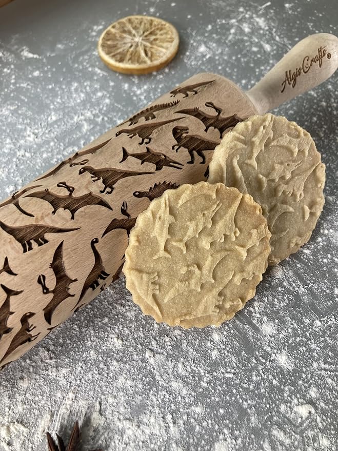 DINOSAURS EMBOSSING ROLLING PIN ENGRAVED with DINOSAURS for EMBOSSED COOKIES JURASSIC ANIMALS TYRANNOSAURUS REX