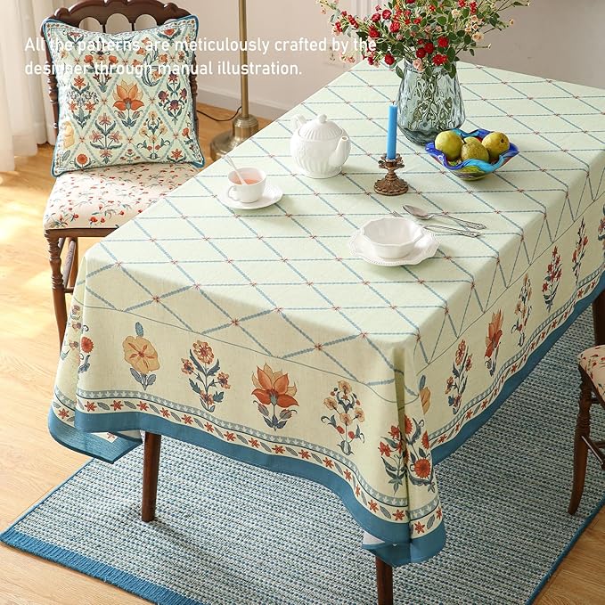 ISAENNE Designer Linen Floral Long Tablecloth Rectangle,Light Green Farmhouse Durable Table Cloth,Washable Decor Tablecloths for Dining Kitchen Thanksgiving Christmas,63"*102"-Floralsea B