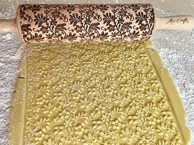 FLORAL WREATH Embossing Rolling Pin with Flowers Pattern. Dough and Clay Roller for Embossed Cookies and Pottery. Cookie and Ceramic Stamp. Backing Gifts for Women by Algis Crafts