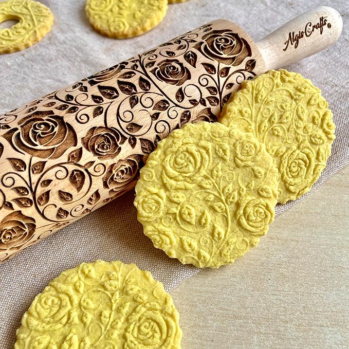 Rolling pin Damascus Roses Wooden embossing rolling pin with Rose Dough roller for embossed cookies Gift for Mom friend Cookies decoration