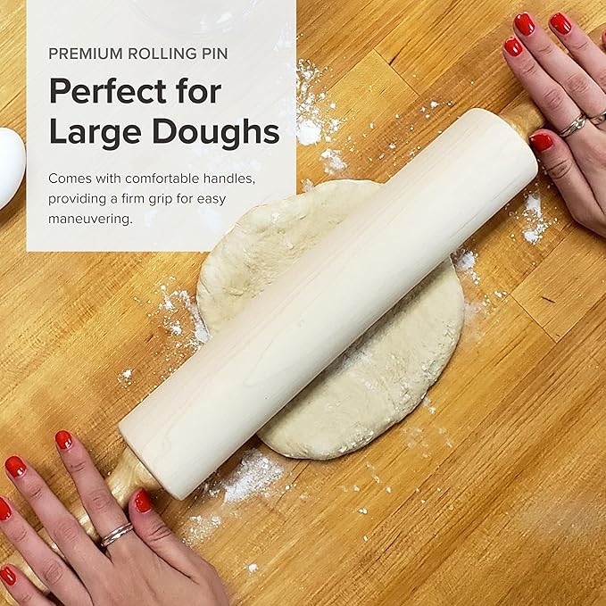 Frieling Maple Rolling Pin with Handles - 2.4-in x 12-in Barrel, Natural Wood - Baking Essentials, Pastry Roller & Pizza Dough Roller