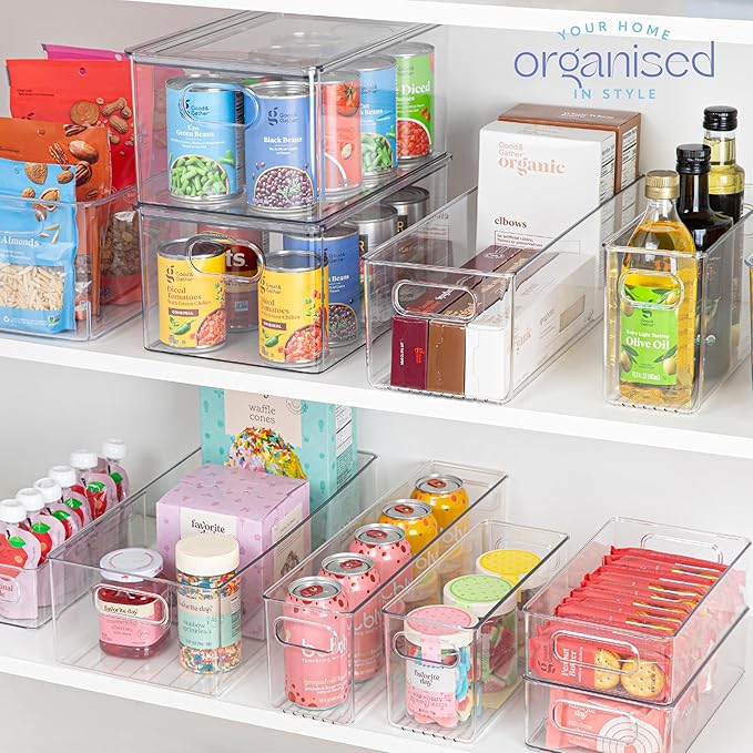 Plastic Food Storage 2 Pack Clear Container Bin with Handles for Organizing Kitchen, Pantry, Fridge, Freezer, Pantry, Bathroom. 14"x6"5"
