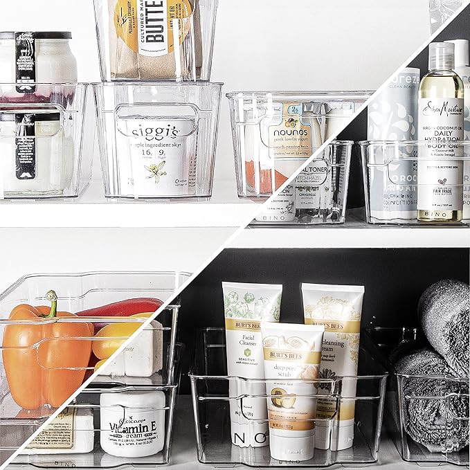BINO | Stackable Storage Bins, Small - 4 Pack | The Stacker Collection | Clear Plastic Storage Bins | Organization and Storage Containers for Pantry & Fridge | Multi-Use Organizer Bins | BPA-Free