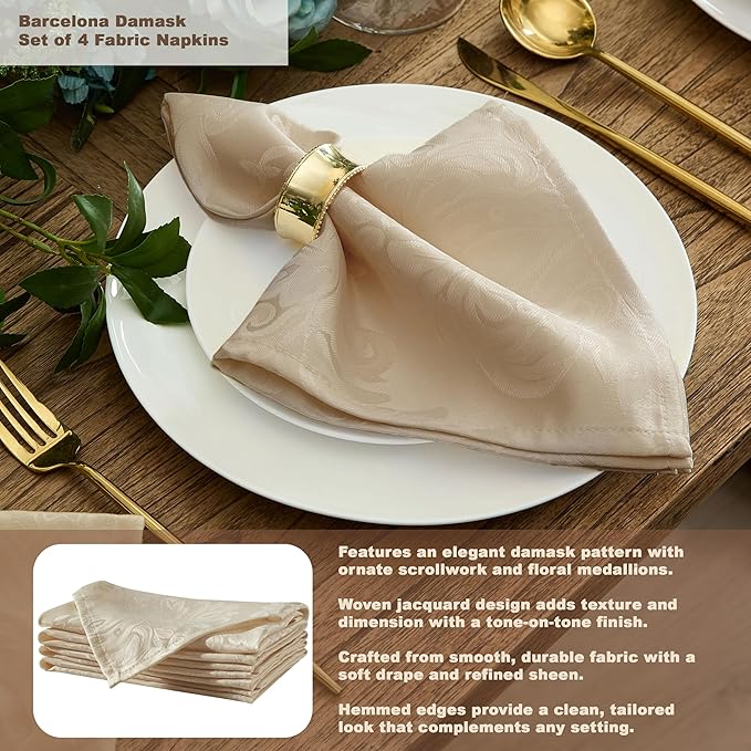 Newbridge Barcelona Luxury Damask Fabric Tablecloth, 60” Wide x 84” Rectangle, Golden Beige, 100% Polyester, No Iron, Soil Resistant Dining Room, Party and Banquet Table Cover