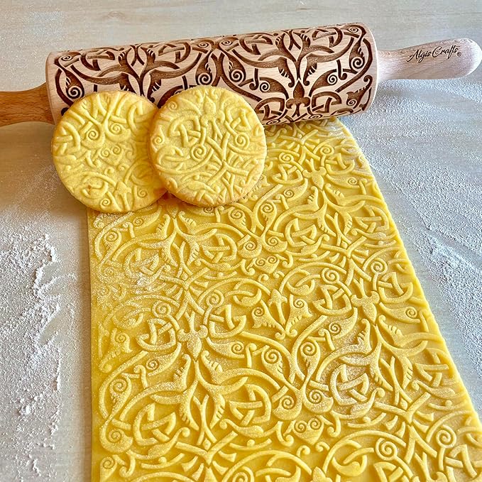FLEUR DE LIS KNOT Embossing Rolling Pin. Dough Roller with Shamrock Pattern for Homemade Cookies and Pottery by Algis Crafts