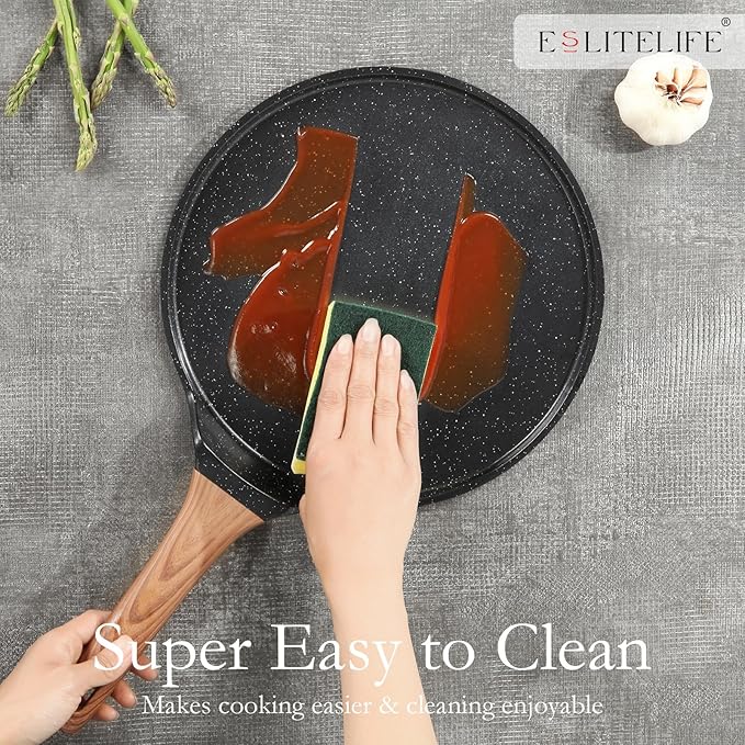 ESLITE LIFE Nonstick Crepe Pan Set with Spreader, 9.5 & 11 Inch Granite Coating Flat Skillet Dosa Tawa Comales Para Tortillas Pancake Pan, PTFE & PFOA Free, Black