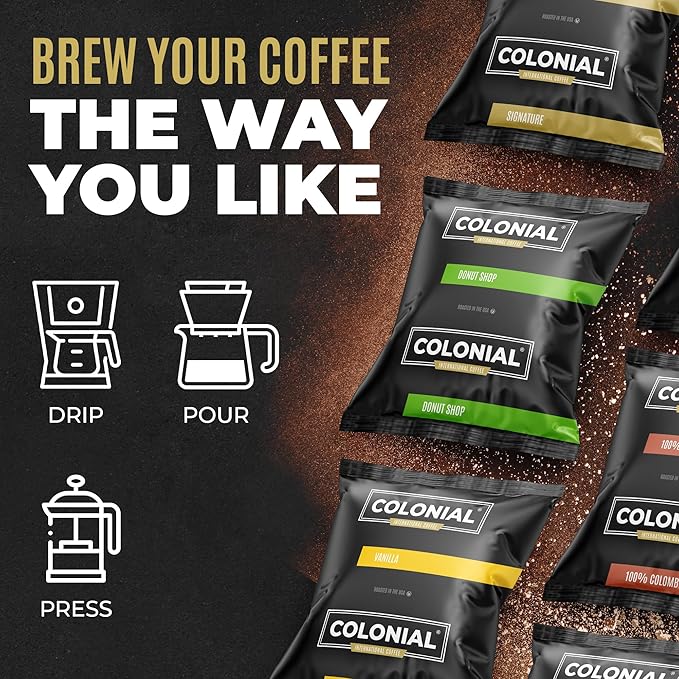 Colonial Coffee 80 Count Single Pot Coffee Packets – 100% Arabica Decaf Colombian Medium Roast | Pre-Measured Frac Packs for 12 Cup Maker | Bulk Ground Gourmet Coffee for Home & Office