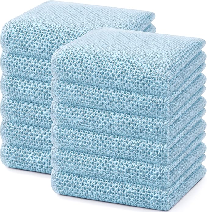 Homaxy 100% Cotton Waffle Weave Kitchen Dish Towels, Ultra Soft Absorbent Quick Drying Cleaning Towel, 13 x 28 Inches, 12-Pack, Sky Blue