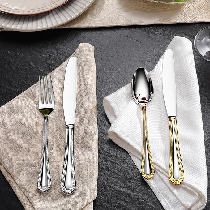 KEAWELL Pearl Edge 4-Piece Premium Spoon Set, 18/10 Stainless Steel, Fine Silverware Spoons with Refined Bead Design, Brightly Polished, Dishwasher Safe (Gold Accent, 6.4" Teaspoons)