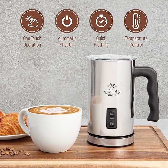 Zulay 4-in-1 Milk Frother & Steamer – Hot & Cold Foam Maker, Milk Warmer & Chocolate Stir – Automatic Temp Control, Nonstick Double-Wall Stainless Steel Jug, Auto Shut Off, 360° Base – Aero Silver