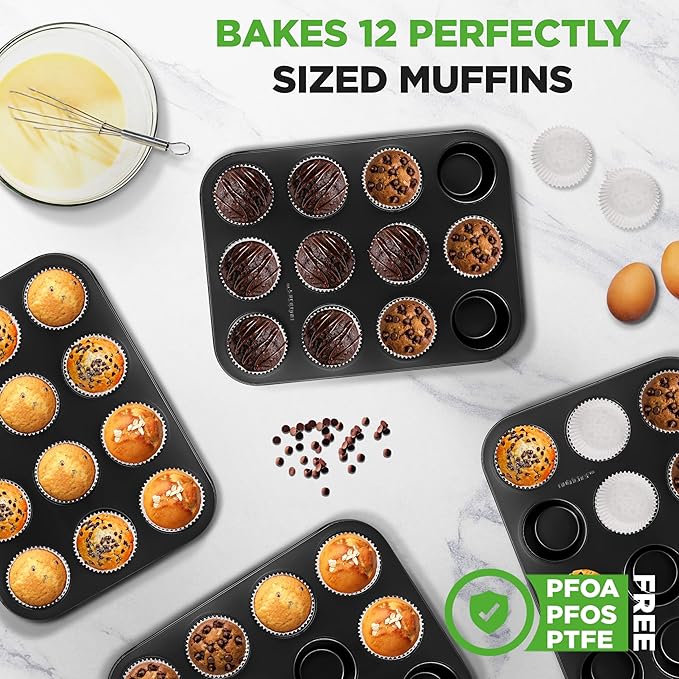 NutriChef Muffin Pans for Baking 4-Pack | Nonstick 12 Mold Cupcake Tins | Carbon Steel Stackable Cup Cake Trays | Dishwasher & Oven Safe | Includes 200 Parchment Paper Liners | 13 x 10 x 1 | Black