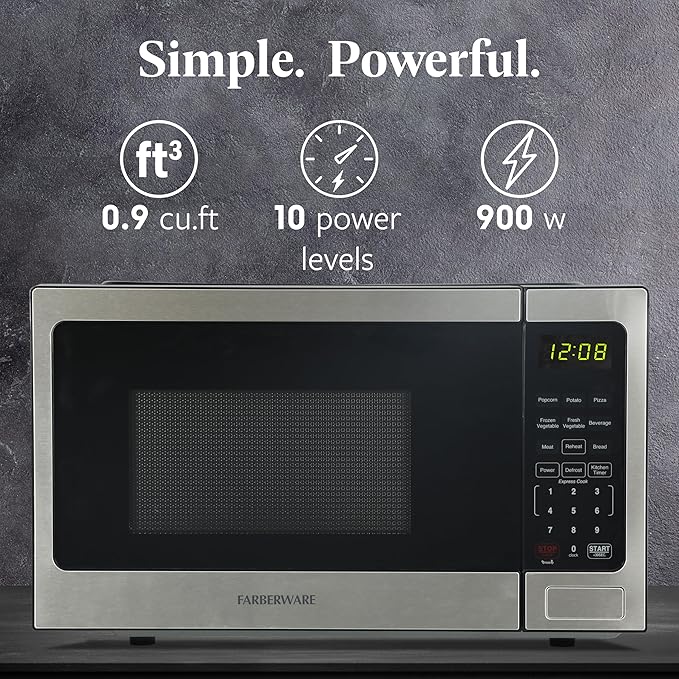 Farberware 0.9 Cu. Ft. Countertop Microwave Oven – 900 Watts Power, Auto Cook Settings, Defrost, Easy Clean and Child Safety Lock-Stainless, Stainless Steel