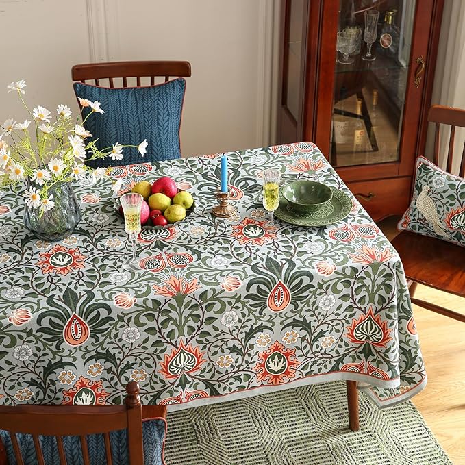 ISAENNE Designer Bohemian Linen Green Small Rectangular Tablecloth,Floral Indoor Table Cloth,Stain Resistant Decor Tablecloths for Dining Thanksgiving Kitchen Party Christmas,55"*71"-Naples