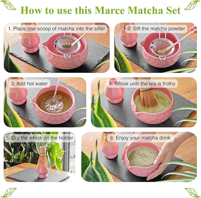 Matcha Whisk Set- Matcha Set includes Matcha Whisk and Bowl with Spout, Sifter, Holder and Scoop- The Perfect Bamboo Whisk for Matcha Tea (Rose Pink)