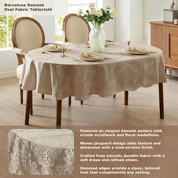 Newbridge Barcelona Luxury Damask Fabric Tablecloth, 60” Wide x 102” Oval, Golden Beige, 100% Polyester, No Iron, Soil Resistant Dining Room, Party and Banquet Table Cover