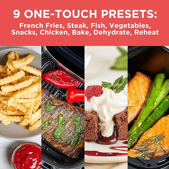 BLACK+DECKER Purifry 4QT Air Fryer, Timer with Auto Shut-off and Shake Reminder, Digital LED Touchscreen and 9 Presets, 1300W up to 400 F, Dishwasher Safe Parts