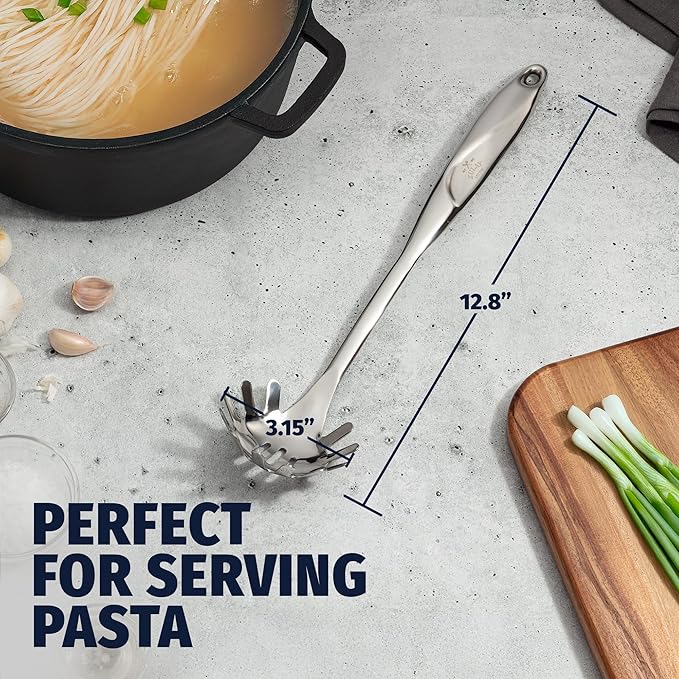 Zulay Kitchen Stainless Steel Spaghetti Server - 12” Pasta Fork with Teeth & Draining Holes - Rust-Resistant Pasta Spoon for Noodles & Pasta - Dishwasher Safe Utensil for Everyday Use
