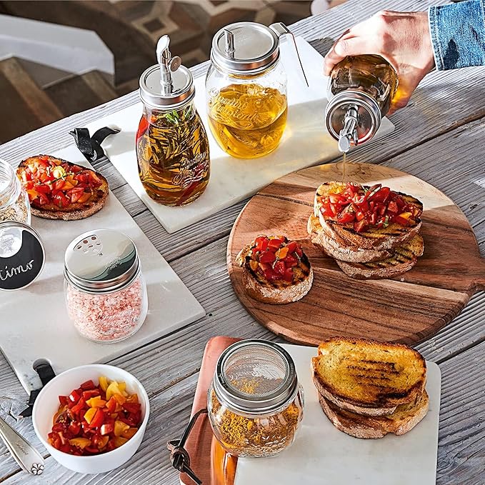 Bormioli Rocco Quattro Stagioni Spice Jar Set - 8.5 Oz, Durable Glass Mason Jars with Multi-Function Rotatable Lids, Stainless Steel Tops for Salt & Pepper - Made in Italy, Glass Spice Jars