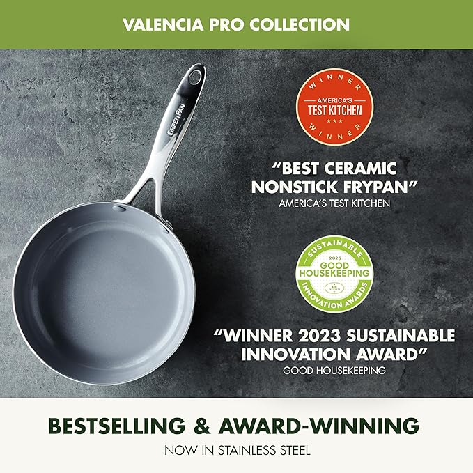GreenPan Valencia Pro Tri-Ply Stainless Steel 8” 10” & 12” Frying Pan Skillet Set, Ceramic Nonstick PFAS-Free Coating, Multi Clad Cookware, Induction, Dishwasher Oven and Broiler Safe