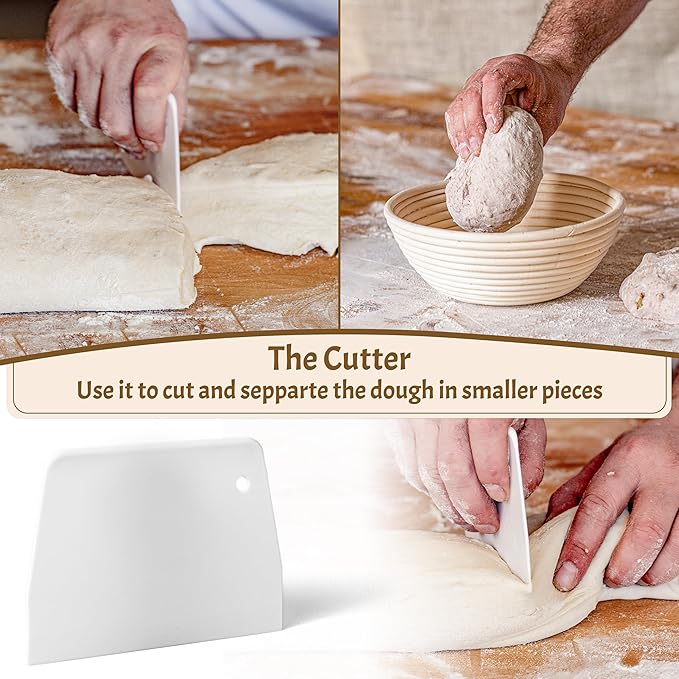 Sourdough Bread Baking Supplies Starter Kit, Banneton Proofing Basket 9'' Round, Sourdough Starter Jar, Scraper, Scoring Lame, Brush, Short Danish Whisk, Gift Set