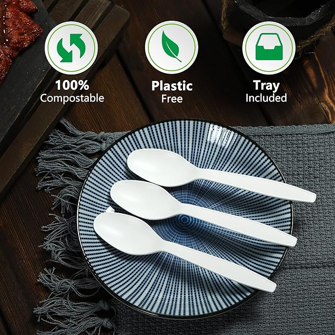 Compostable Spoon,100 Biodegradable Silverware for Party,Large Disposable Utensil Eco Friendly Durable and Heat Resistant,Alternative to Plastic Spoon