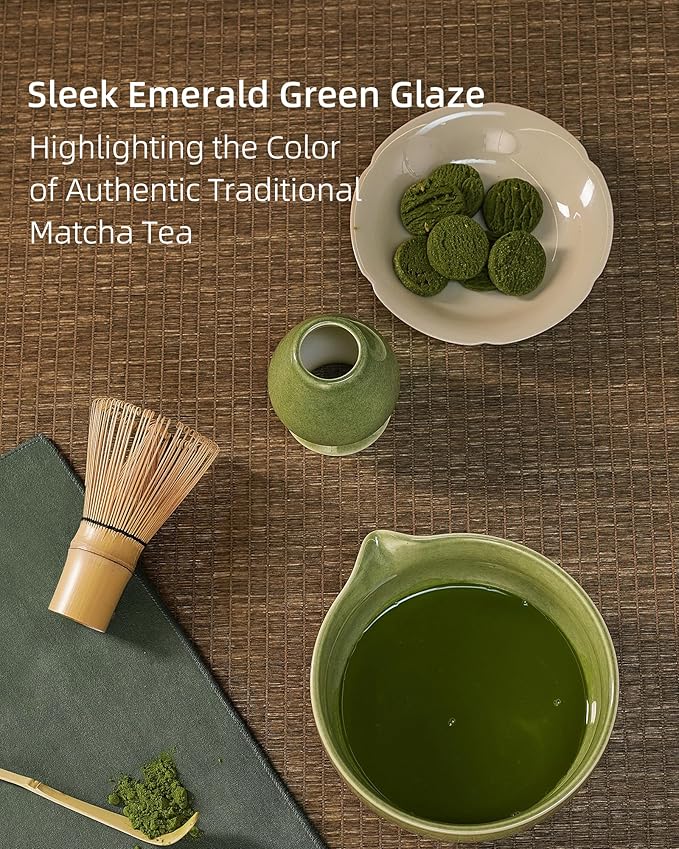 ZENS Matcha Whisk Set, 5pcs Matcha Kit Set Includes Ceramic Bowl, Handcrafted Bamboo Whisk and Chasen Holder, Scoop & Tea Mat, Matcha Tea Ceremony Gift for Matcha Lovers, Emerald Green