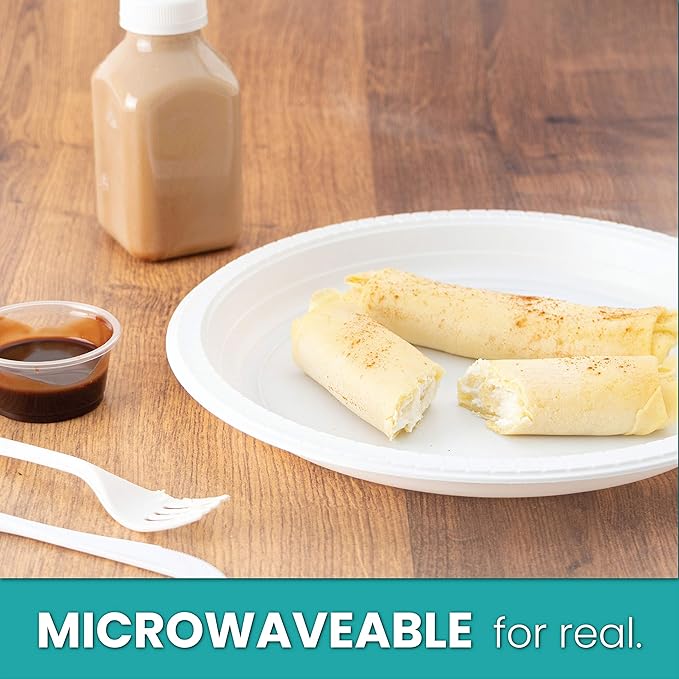 PLASTICPRO Round Plastic Plates Microwaveable, Disposable, White, Dinnerware (100, 10" Inch Plates)
