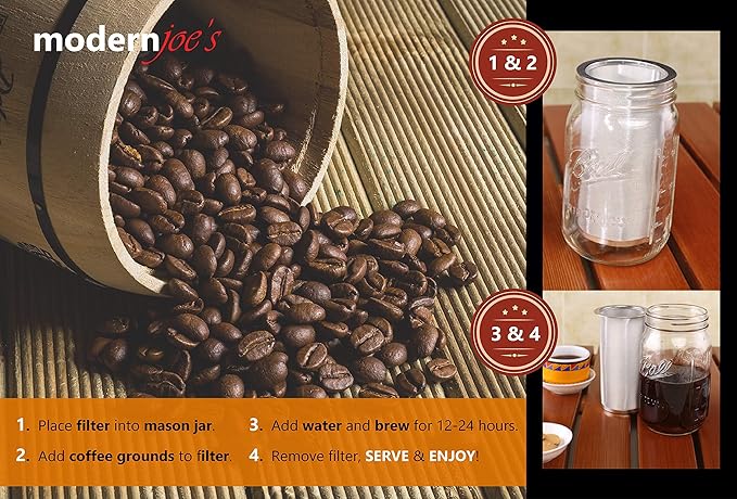 MODERNJOE'S Premium Cold Brew Coffee Filter for 1 Quart Wide Mouth Mason Jars. Cold Brew Coffee Maker. Perfect for Iced Coffee and Tea. Heavy Duty Gauge 100 Micron Mesh 304 Stainless Steel
