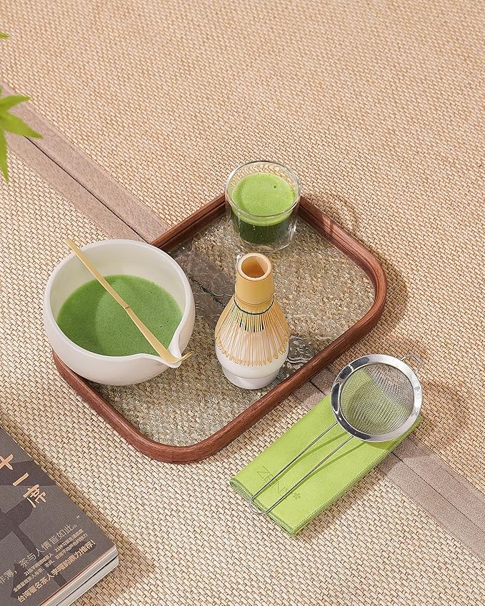 ZENS Matcha Whisk Set, 6pcs Matcha Kit Includes Ceramic Bowl, Handcrafted Bamboo Whisk and Chasen Holder, Scoop, 304 Sifter & Tea Mat，Matcha Set for Tea Ceremony,Latte Making, White