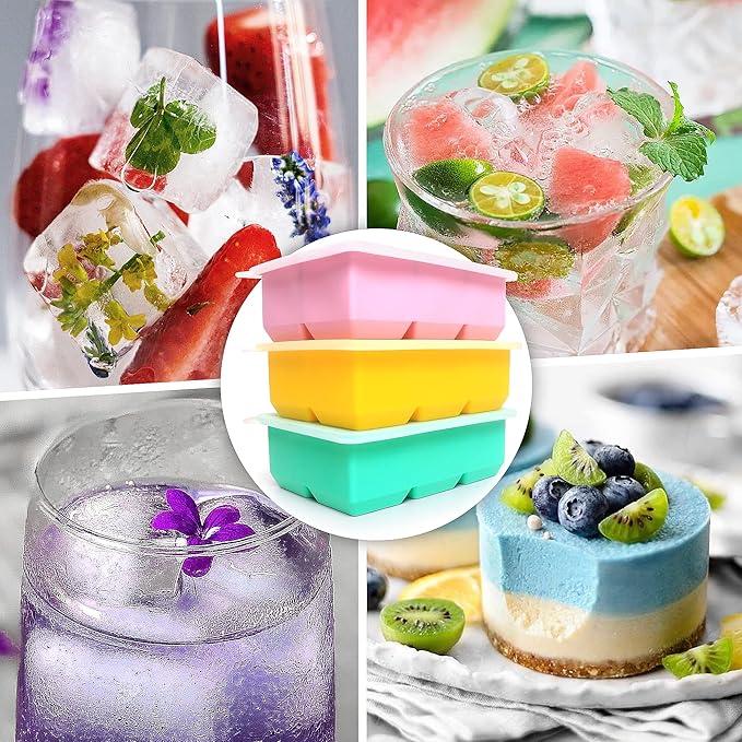 Silicone Ice Cube Trays 3 Pack - Large Size Silicone Ice Cube Molds with Leak Proof Removable Lid Square Ice Cube Tray And BPA Free for Cocktail,Whiskey, Stackable Flexible Ice