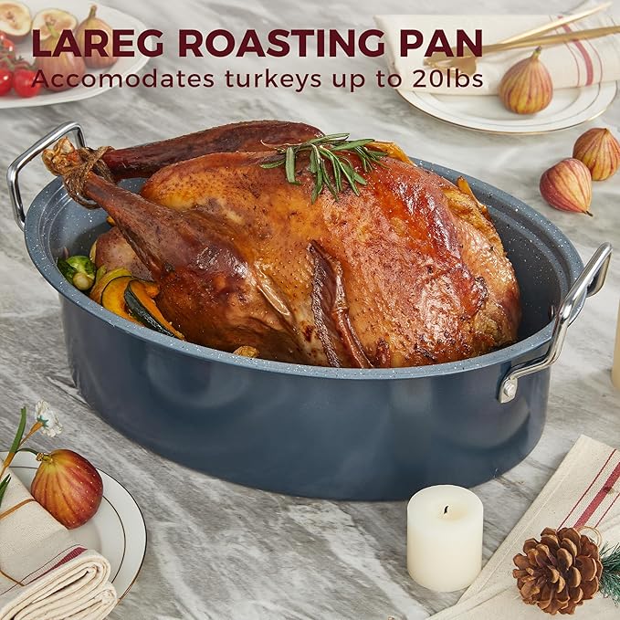 HONGBAKE 18 Inch Turkey Roasting Pan with Rack and Lid – Large Gray Carbon Steel Roaster Pan for 20 lb Turkey, Oven Safe Baking Pan for Holiday Meals & Thanksgiving