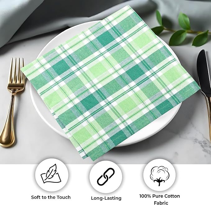 Urban Villa St Patrick Cloth Napkins 100% Cotton Dinner Napkins (Set of 12) 20x20 Inches Soft Reusable Washable Absorbent Table Dinner Napkins St Patricks Plaid Napkins