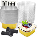 50 Pack Mini Cake Pans with Lids and Spoons Aluminum Foil Pans Square Cake Tins for Bakery Party Wedding (Gold,10 oz)