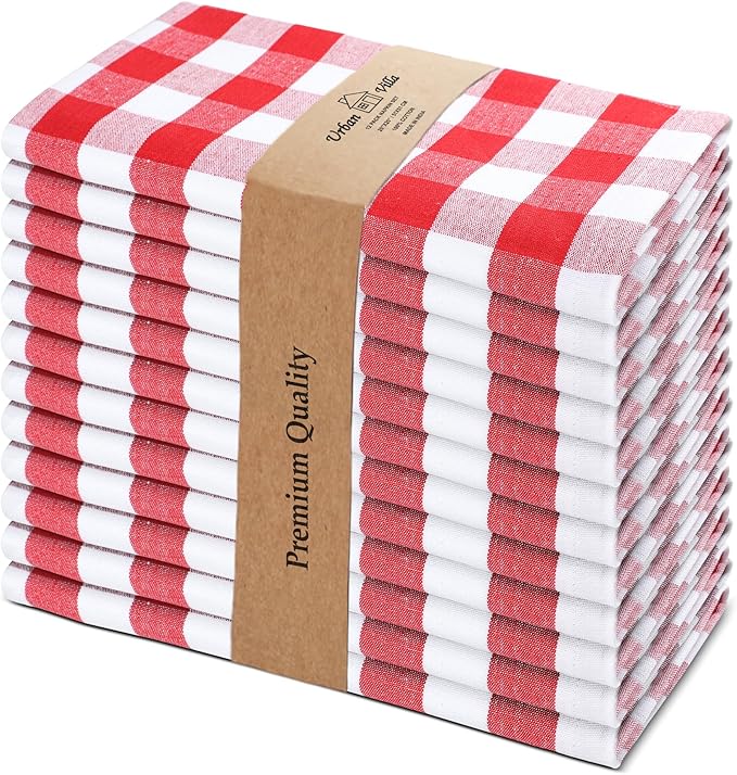 Urban Villa Cloth Dinner Napkins Set of 12 100% Cotton Red White Checks Highly Absorbent Washable Reusable Durable Ideal for Home Farmhouse Party Wedding Everyday Use