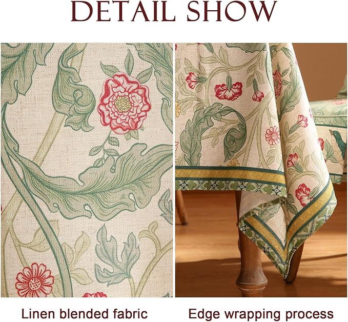 patdrea Designer Linen Tablecloths for Rectangle Table,Green Vintage Leaves Pattern Tablecloth,Decor Floral Table Cover for Kitchen Dining Christmas,Thanksgiving,Tea Party,55"x87"-Cecilia a