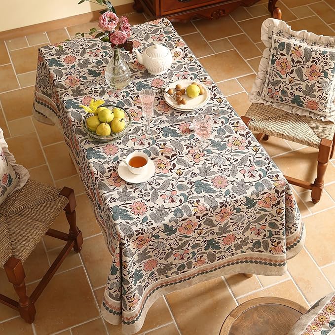 ISAENNE Designer Boho Floral Square Tablecloth,Linen Lotus Flower Pattern Colorful Indoor Table Cloth,Durable Decor Tablecloths for Dining Thanksgiving Kitchen Christmas,67"*67"-Hazel A