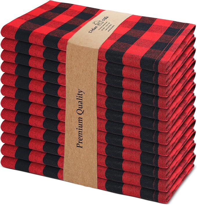 Urban Villa Cotton Dinner Napkins Set of 12, 20x20 Inche Soft Premium Cotton Napkins, Hotel Quality Highly Absorbent, Reusable & Washable Mitered Corner Table DinnerNapkins - (Red/Black, Checks)