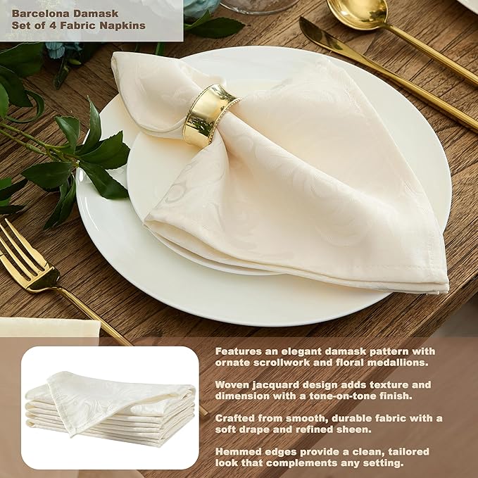 Newbridge Barcelona Luxury Damask Fabric Tablecloth, 52” Wide x 70” Rectangle, Antique White, 100% Polyester, No Iron, Soil Resistant Dining Room, Party and Banquet Table Cover