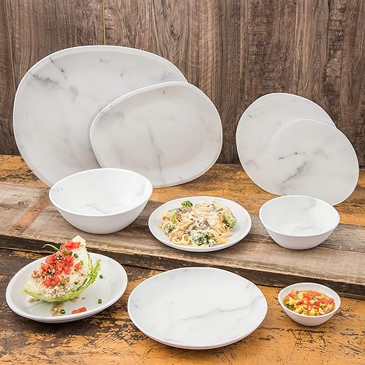 Carlisle FoodService Products Ridge Resuable Plastic Platter Oblong Platter for Home and Restaurant, Melamine, 13 Inches, Marble, (Pack of 6)