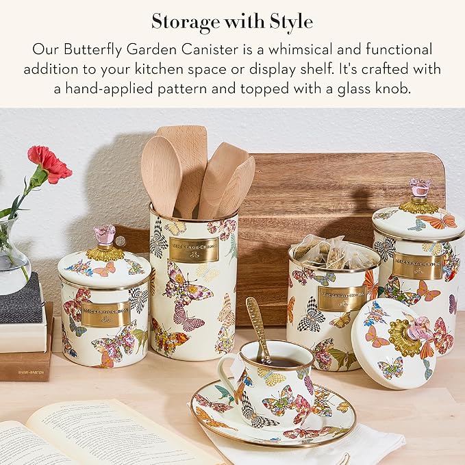 MACKENZIE-CHILDS Butterfly Garden Enamel Canister, Pretty Kitchen Storage Container with Lid, Medium