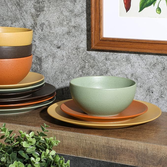 Gibson Elite Capetown Assorted Color Reactive Glaze Round Stoneware Dinnerware, Black, Yellow, Orange, Green, Service for Four (12pcs)