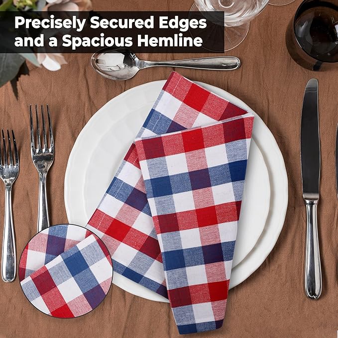 Urban Villa July 4th Cloth Napkins Red/Blue/White Dinner Napkins 100% Cotton (Set of 12) 20x20 Inches Buffalo Checks Highly Absorbent Soft Durable Reusable & Washable Table Dinner Napkins