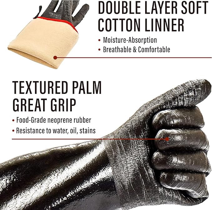 RAPICCA 932°F Heat Resistant BBQ Grill Gloves: Oil Resistant Waterproof for Smoking Grilling Cooking Barbecue Deep Frying Turkey Rotisserie Handling Hot Greasy Meat Stocking Stuffers - Long Sleeve