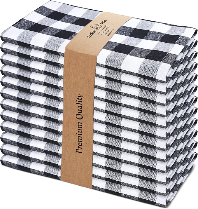 Urban Villa Cloth Dinner Napkins Set of 12 20''x20''100% Cotton Black White Buffalo Checks Highly Absorbent Washable Reusable Durable Ideal for Farmhouse Party Thanksgiving Fall Christmas Everyday Use