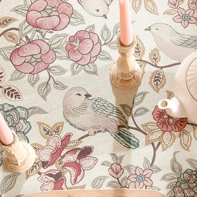 patdrea Designer Pink Linen Table Cloth for Rectangle Table,Vintage Floral with Birds Pattern Decorative Tablcloth,French Table Cover for Kitchen Dining,Thanksgiving,Christmas,63"x102"-Kulom a
