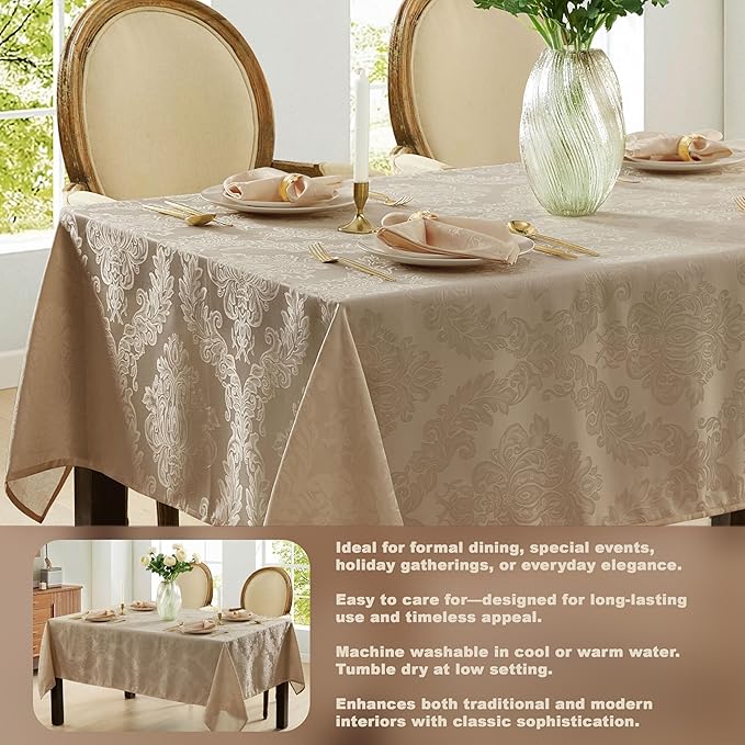 Newbridge Barcelona Luxury Damask Fabric Tablecloth, 60” Wide x 84” Rectangle, Golden Beige, 100% Polyester, No Iron, Soil Resistant Dining Room, Party and Banquet Table Cover
