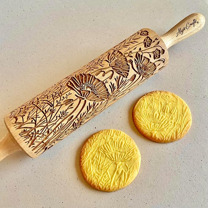 Embossed Rolling Pin for Ceramic WILD POPPY. Clay Roller and Ceramic Stamp for Embossing Pottery. Baking Gifts for Women by Algis Crafts for Embossed Cookies