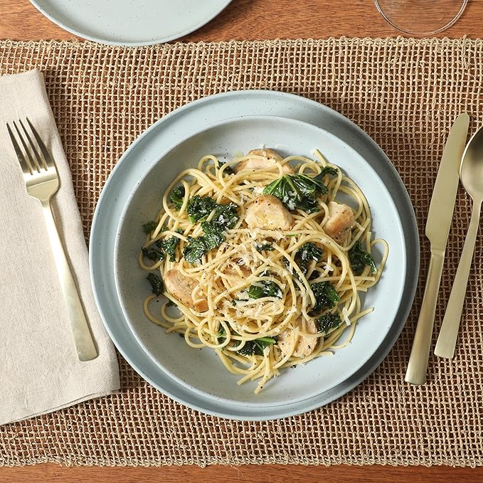 Gibson Elite Overbrook 16-Piece Pottery Clay Stoneware Dinnerware Set – Light Blue Reactive Glaze, Stackable Plates and Bowls w/Pasta Bowl, Service for 4 – Microwave & Dishwasher Safe